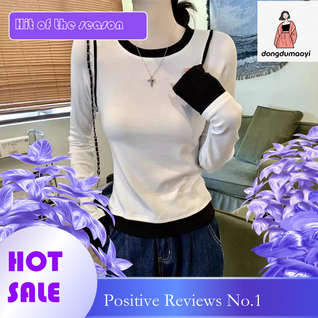dongdumaoyi Splicing Design Fake Two piece Long sleeved T-shirt Women's Base Shirt 2025 Spring New Color Contrasting Age Reducing Interior Top