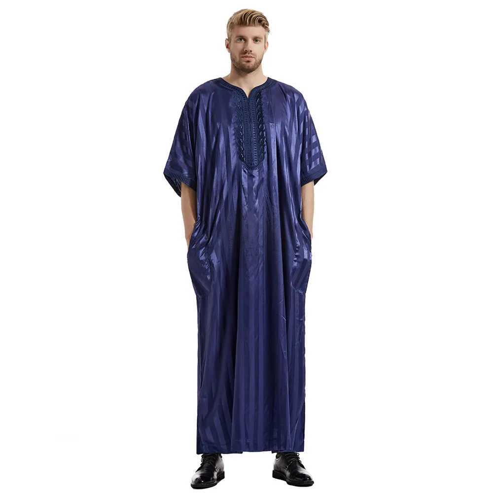 Satin Stripes Ramadan Muslim Dress Abayas Dubai Casual Kaftan Robe Islamic Short Sleeve Jubba Thobe for Mens Middle East Clothes X250514