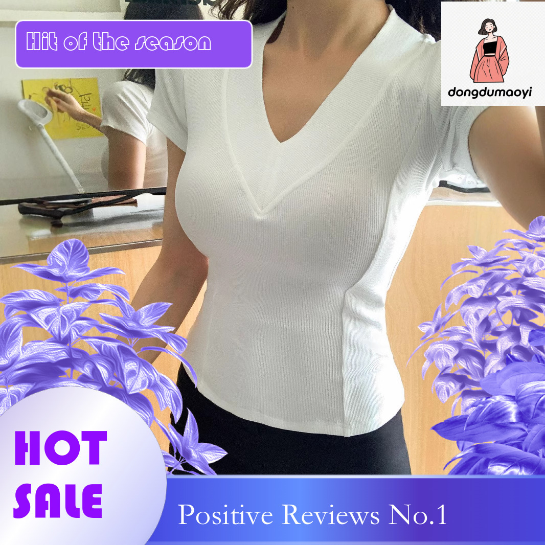 dongdumaoyi Korean solid color summer new style big V-neck T-shirt for women's design, slim fit stylish, versatile and simple short sleeved top