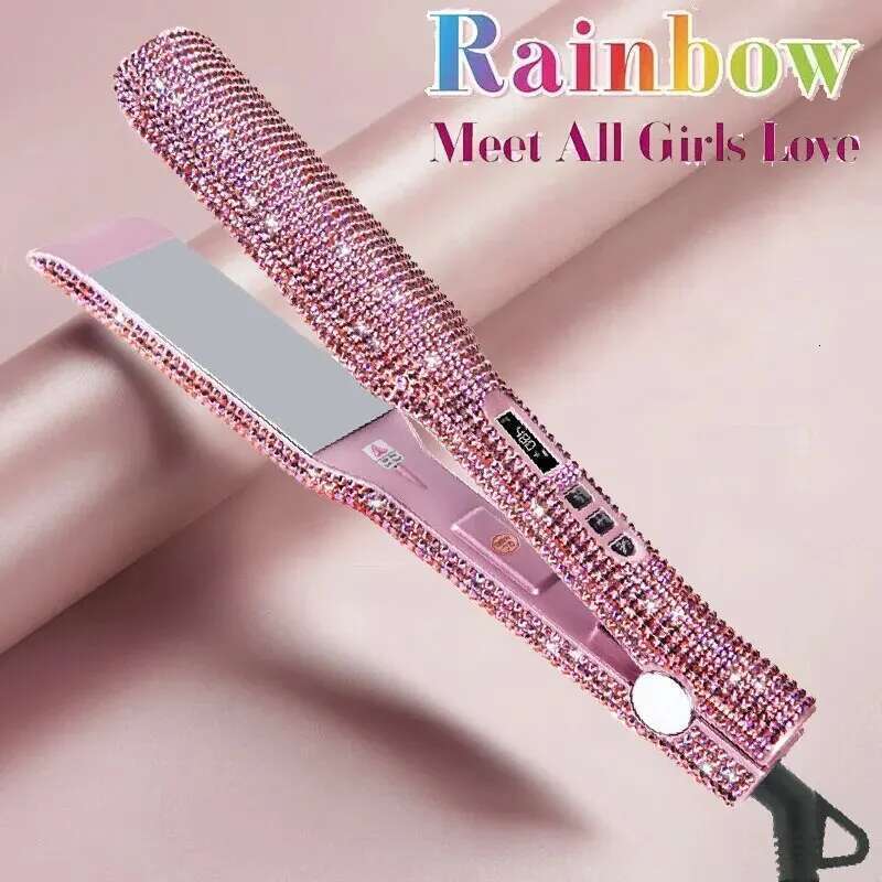 Rhinestone Flat Titanium Straightener Dual Voltage Iron Professional Hair Tools LCD Display 2 Inch Plate Irons