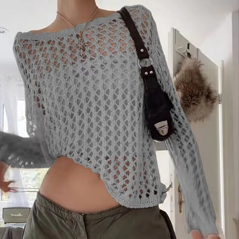 Summer Women Solid Color Hollow Out Crochet Top Cover Up Female Long Sleve Round Neck Loose Knitted Casual Vacation Beach Wear 250514