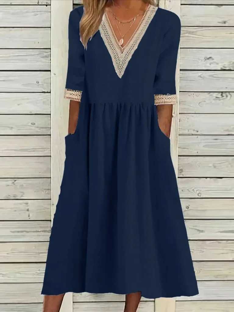 2025 Spring Cotton Linen Oversize Womens Long Dress White V-neck Lace Loose A-line Dresses Female Casual Trendy Ladies ClothesXJ250514