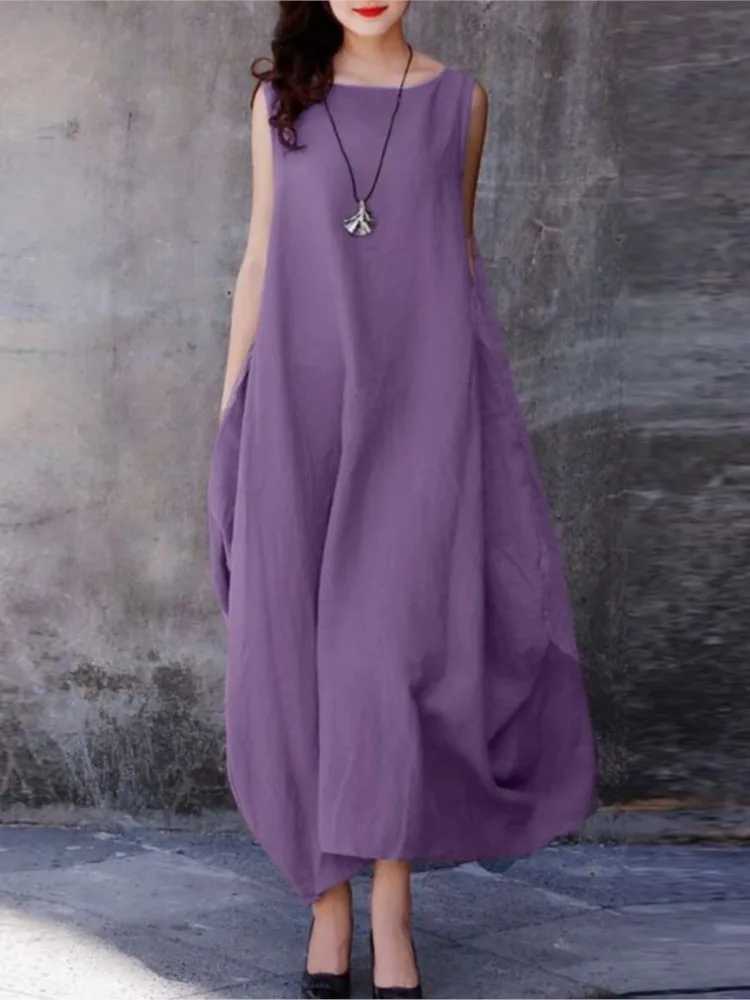 Fashion Solid Color Sleeveless Long Dresses Women Spring Summer New Simple Style Pocket Loose Big Hem Dress Lady Trendy DressesXJ250514
