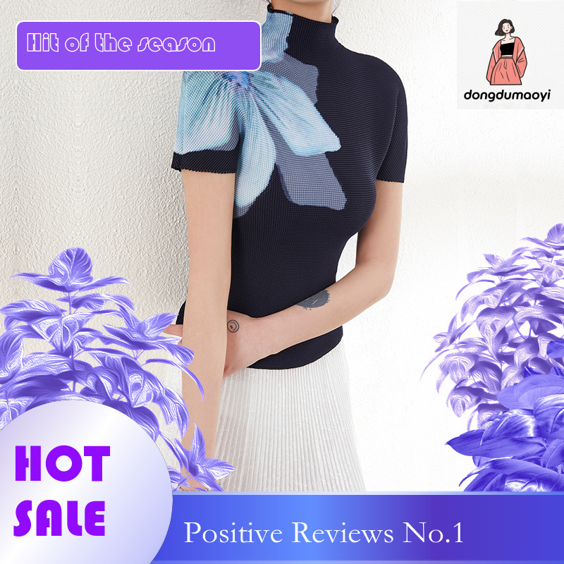 dongdumaoyi Wrinkled Top for Women's Miyake 2025 Summer Versatile Thin Small Shirt, Elastic Slimming and Slimming, Printed Short Sleeve T-shirt