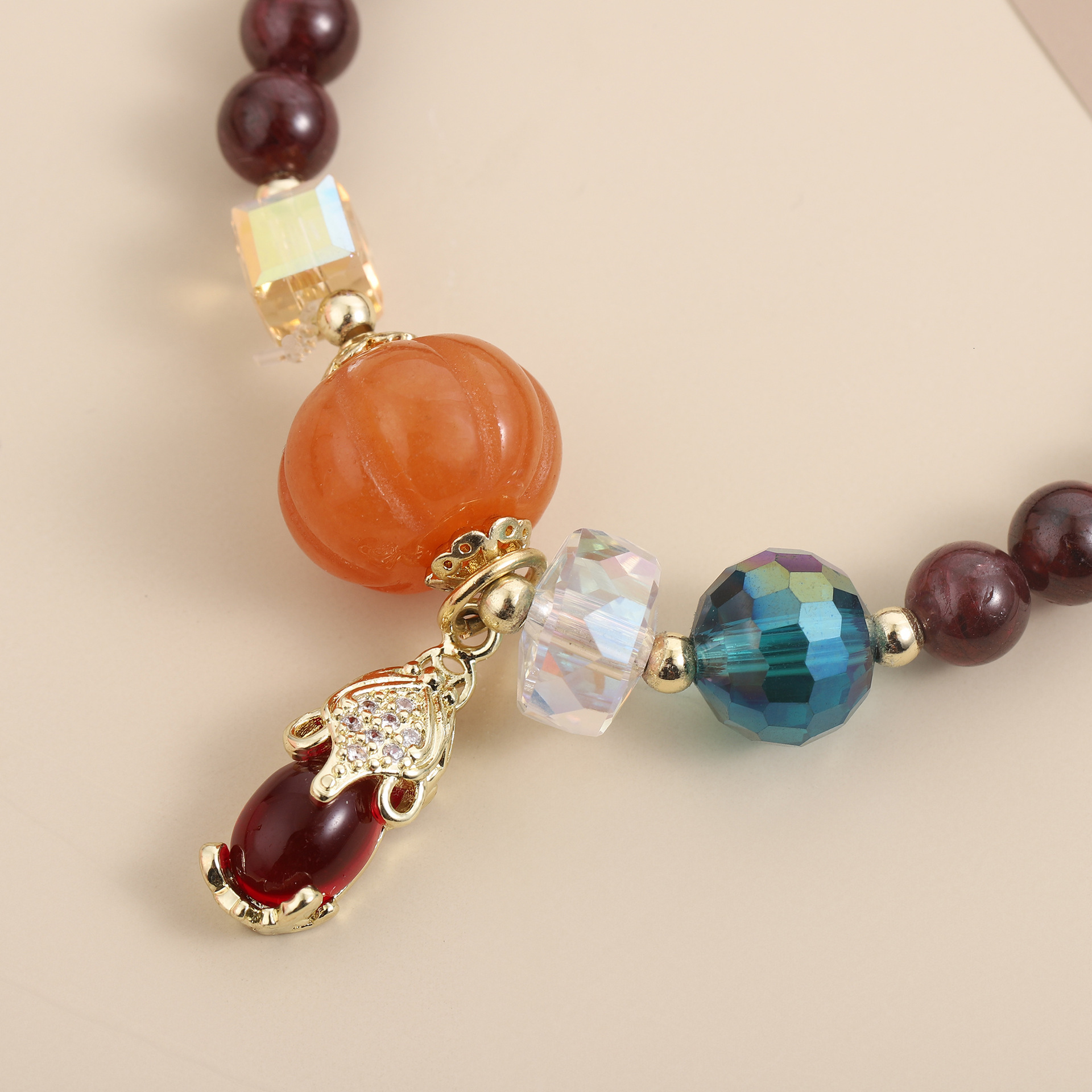 Straight Color Garnet Pumpkin Jade Marrow Women's Clear New Beaded Bracelet Cute Pixiu Crystal Pendant