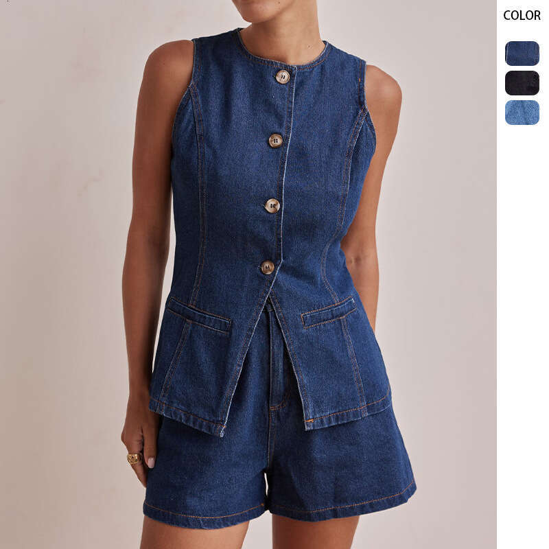 2025 Spring/summer New Fashion Sleeveless High Waist Loose Cowboy Shorts Set Washable Gentle Wind Show Thinness Long Printing New Pattern Fashion New 