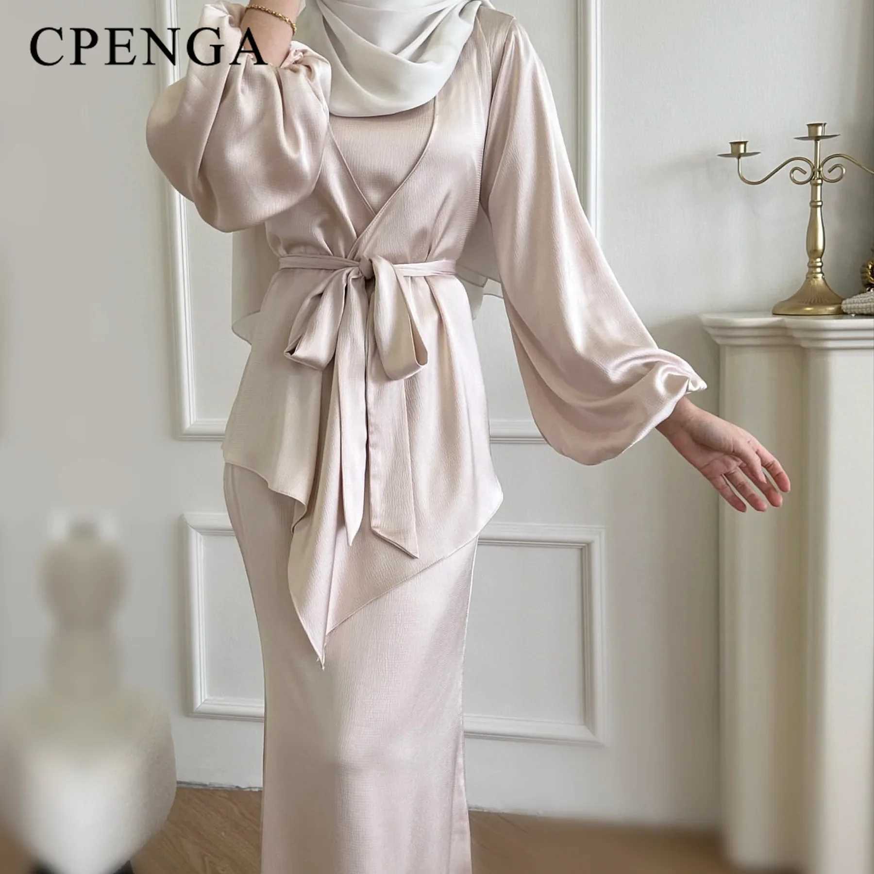 2 Piece Saudi Arabia Muslim Women Satin Abaya Dress for Women Islam Dubai Vacation Modest Clothing 2024 Elegant Turkish Robe X250514