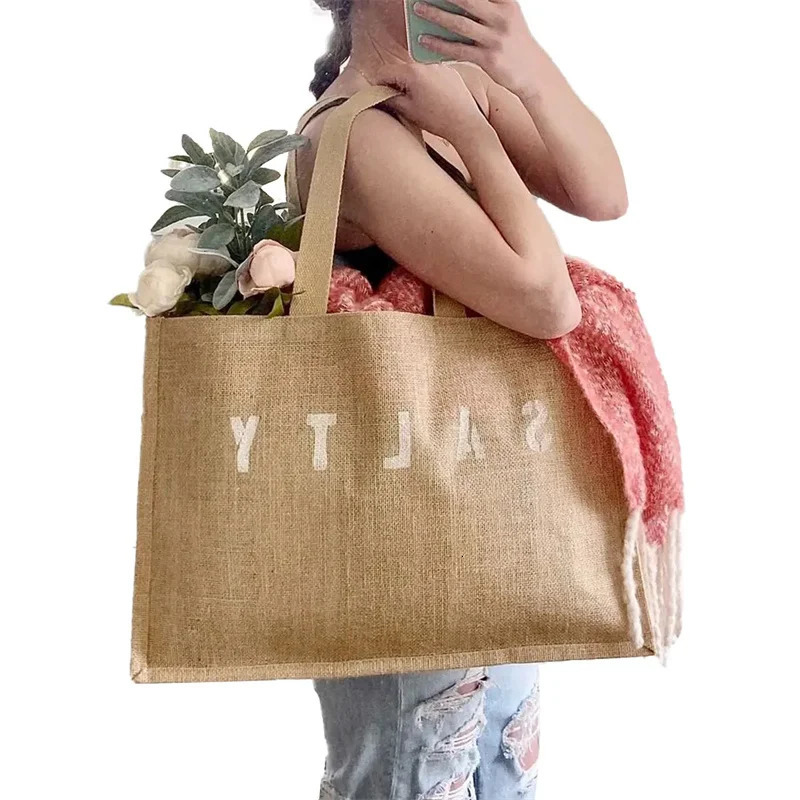 100pcs High quality Custom Color Recycle Grocery Jute Tote Bags Women Fashion Reusable Shopping Bag 250514