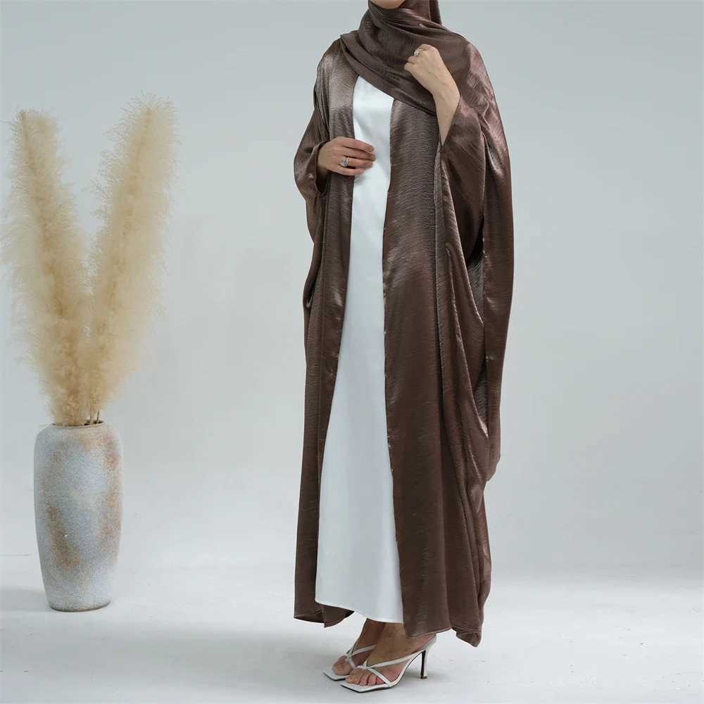 Morocco Eid Party Muslim Women Satin Open Abaya Cardigan Hijab Long Maxi Dress Turkey Kaftan Dubai Bat Slve Robe Arab Jalabiya X250514