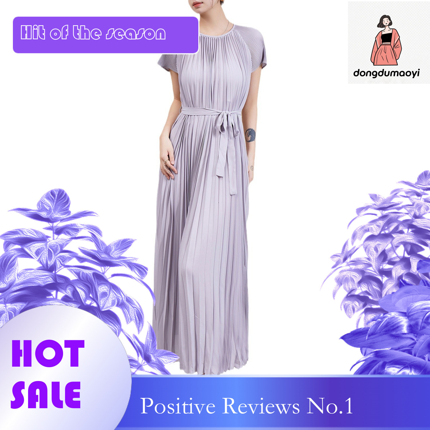 dongdumaoyi Summer haute couture dress heavy duty pleated loose plump with a slimming temperament and age reducing lace up long skirt