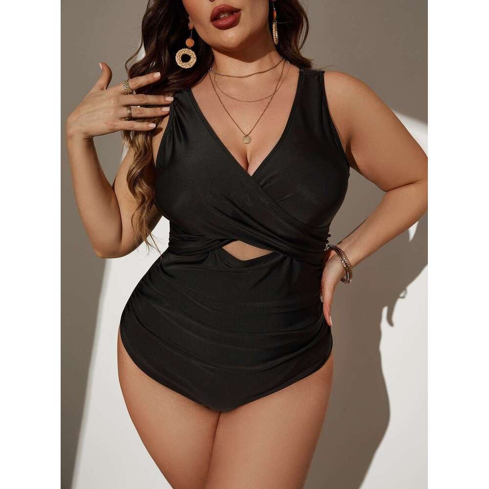 New European and American plus size one-piece women's beach solid color multi-color polyester high elasticity explosive swimsuit new temperament 