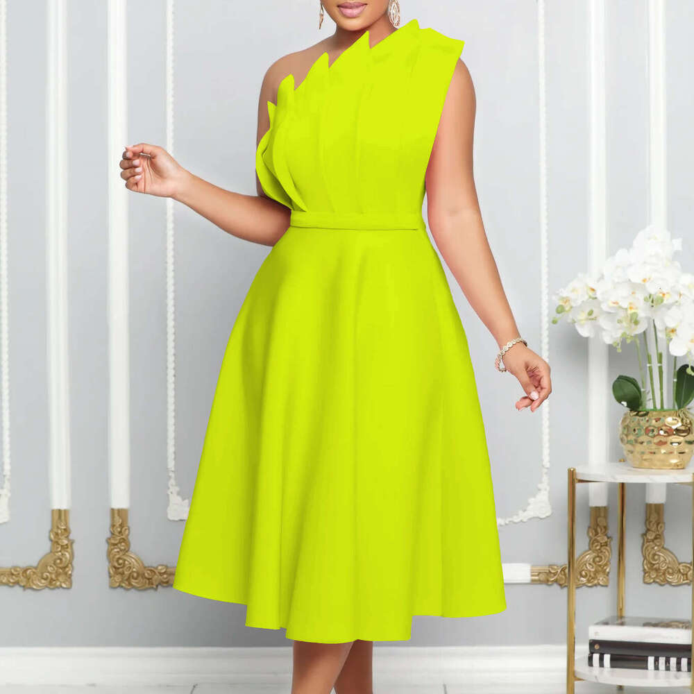 Women's Wear Large Women's Summer Sexy Diagonal Collar Three-Dimensional Pleated High Waisted Banquet Evening Dress
