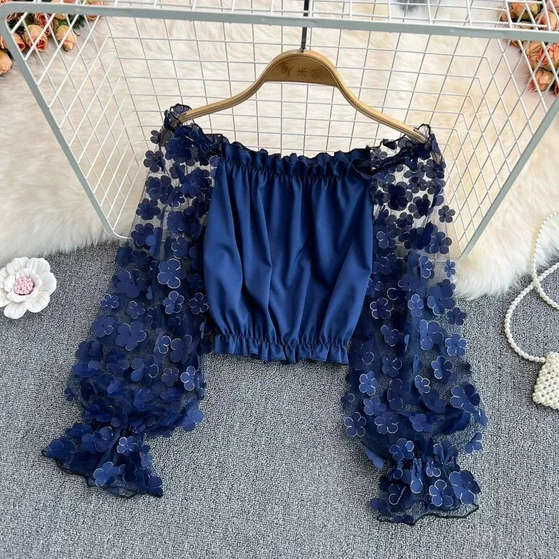 Flower Threedimensional Decoration Slash Neck Long Sleeve Womens Blouse Shirt Korean Fashion Female Clothing Tops Summer 250514