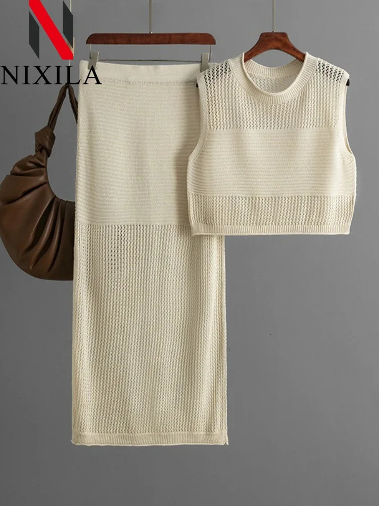 Spring Summer Hollow Out Beach Skirts Outfits for Women Knit Tank Tops with Slit Sexy Long Sets 2 Piece 250514