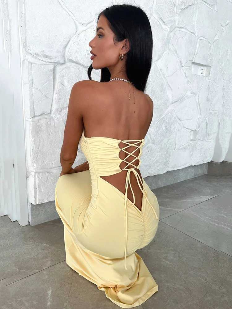Mozision Strapless Backless Lace-up Maxi Dress For Women Summer New Off-shoulder Sleeveless Bodycon Club Party Long DressXJ250514