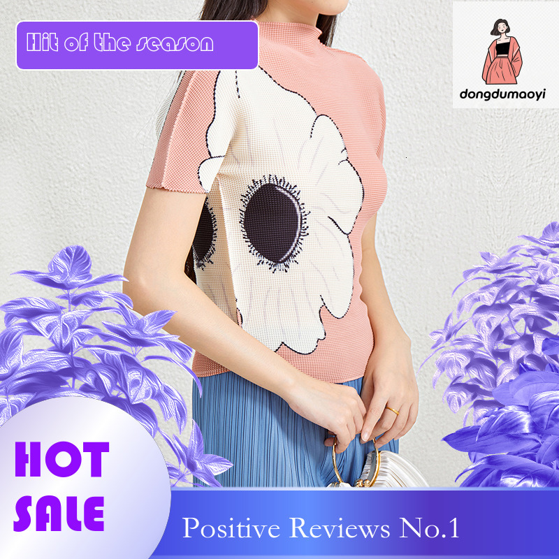 dongdumaoyi Miyake short sleeved stand up collar top women's pleated 2025 summer new item skin friendly high elasticity plus size slimming temper