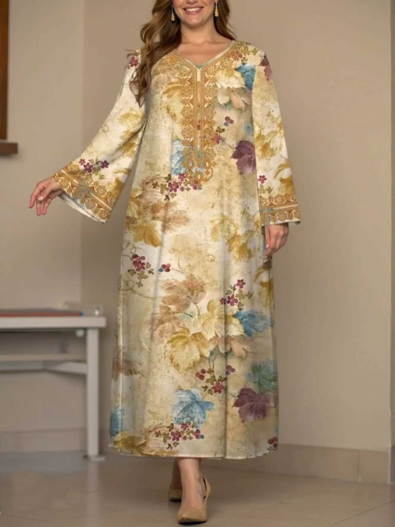 Muslim Diamonds Pressed 2025 New Arrivals Pure Silk Long Slve Flower Printing Vintage Casual High Quty Women Midi Dress X250514