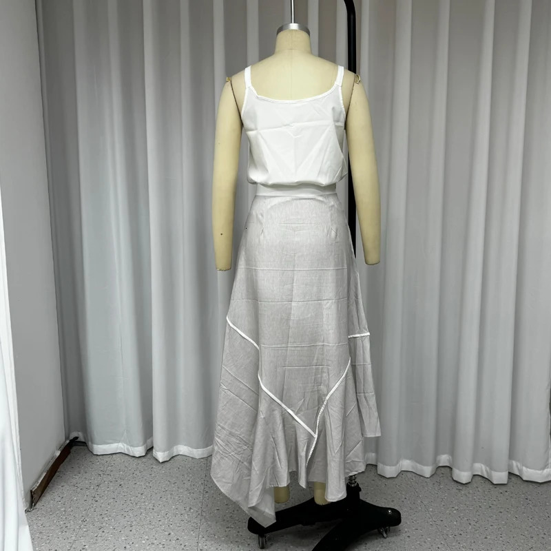Wefads Women Two Piece Set Summer Casual Solid V Neck Sleeveless Suspender Nipped Waist Vest Top Loose Irregular Skirt Sets 250514