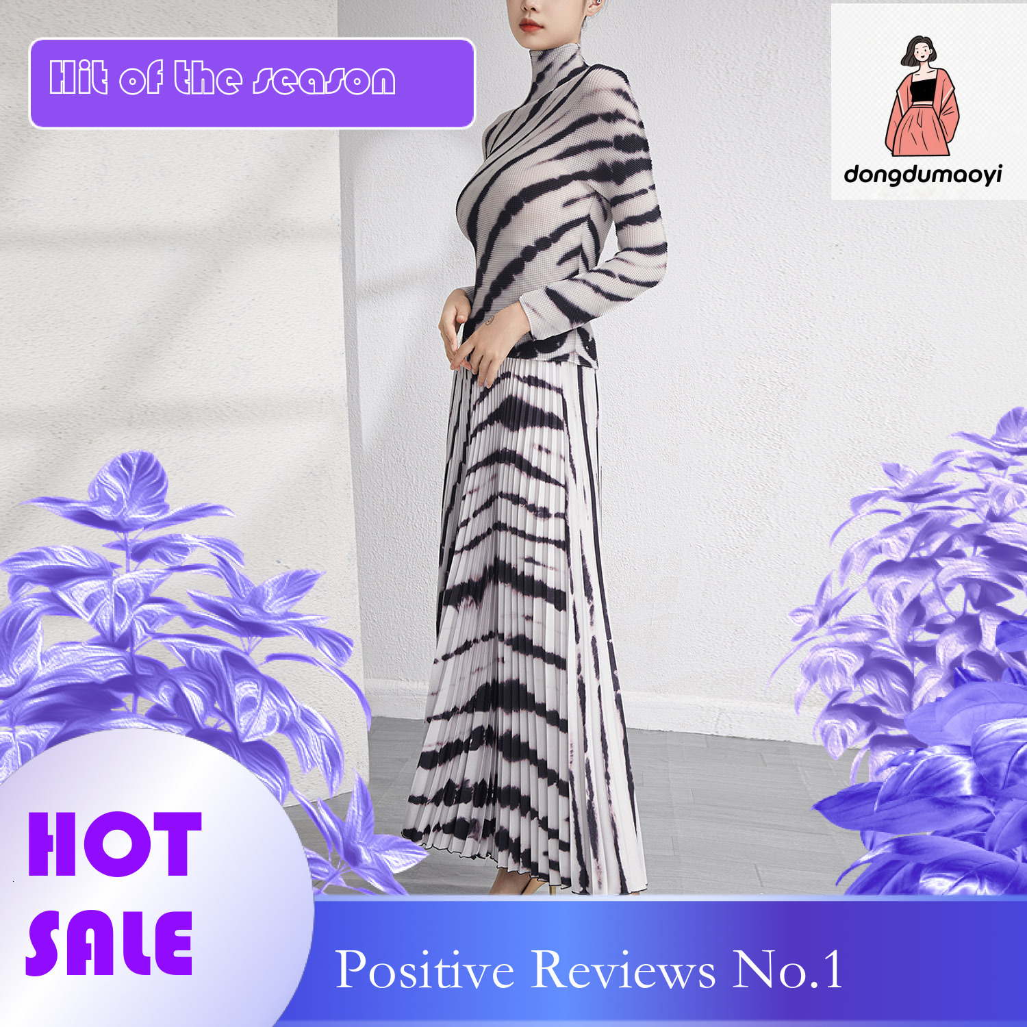 dongdumaoyi Miyake Fashion Set, Women's Fold Spring New Sleeve Bottom Shirt, Hanging High Waist Long Skirt, Two Piece Set