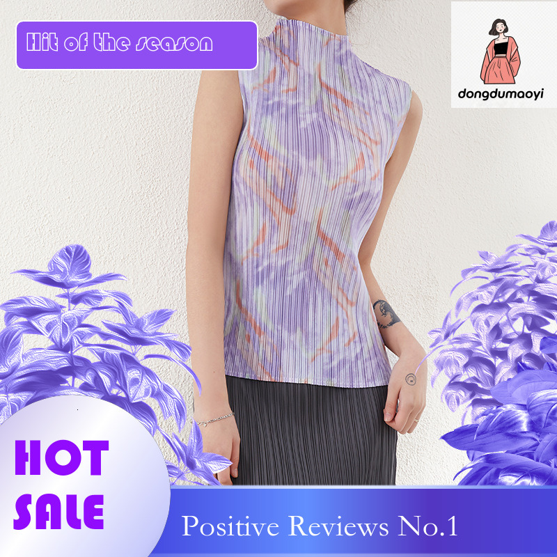 dongdumaoyi Wrinkled top thin pullover half slim fit sleeveless printed yellow elastic round neck temperament commuting vest t-shirt