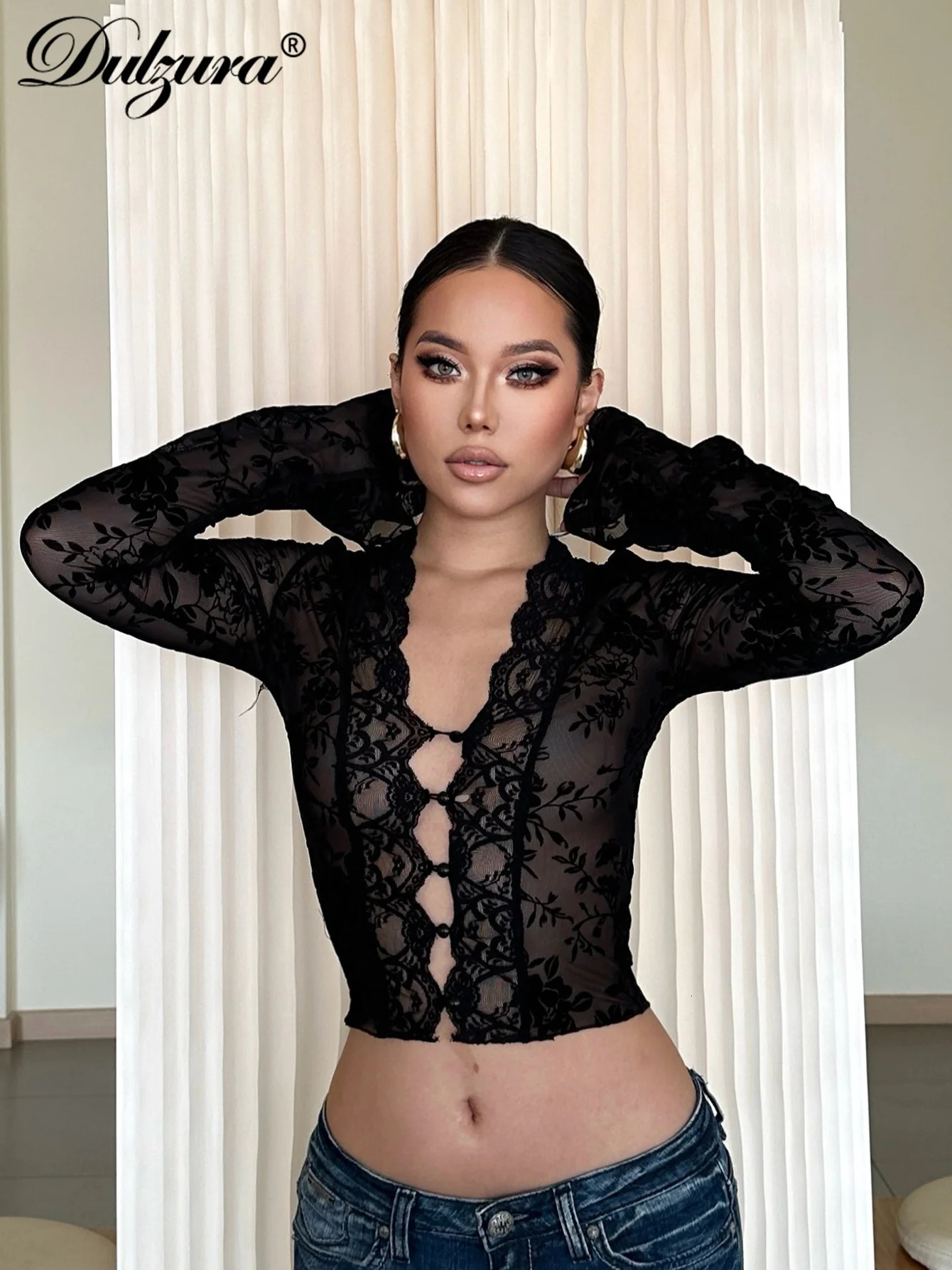 Dulzura Lace Patchwork Leopard Long Sleeve TShirt Sexy WomenS Autumn Winter Clubwear Birthday Evening Party Y2K Clothes 250514