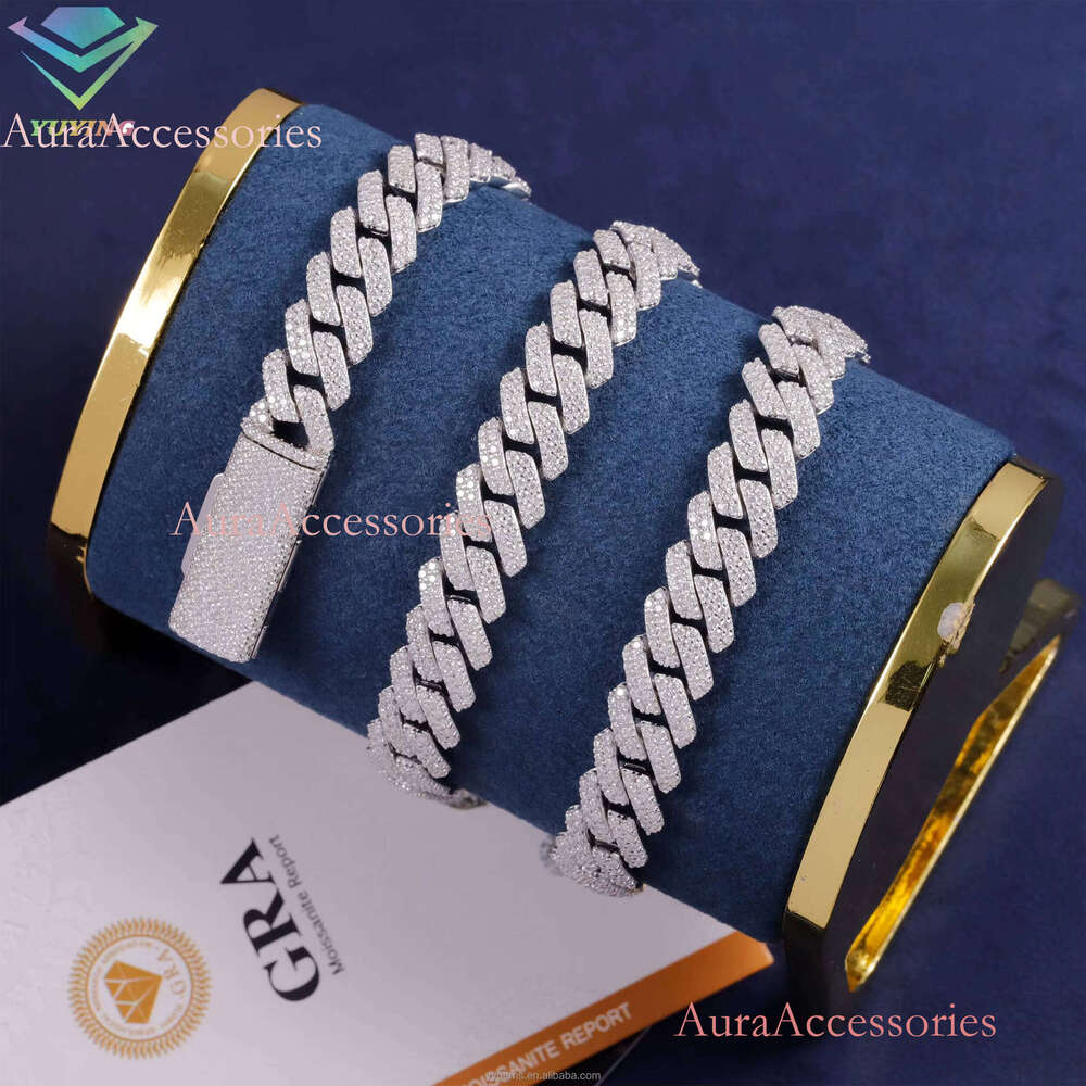 Bestest Selling Wholesale Price Sterling Sier Necklace Hand Set VVS Moissanite Gold Plated 10MM Cuban Link Chains