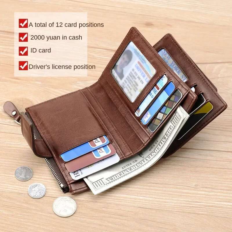 Fashion Men's Coin Purse RFID Blocking Man PU Leather Zipper Business Card Holder Money Bag Wallet for Male