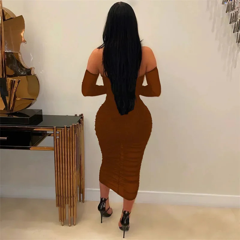 Sexy Party Night 2 Piece Outfit Set Women Y2K Clothing Mesh Ruched Strapless Crop Top and Skirt Clubwear Bodycon Maxi Dress Sets 250514