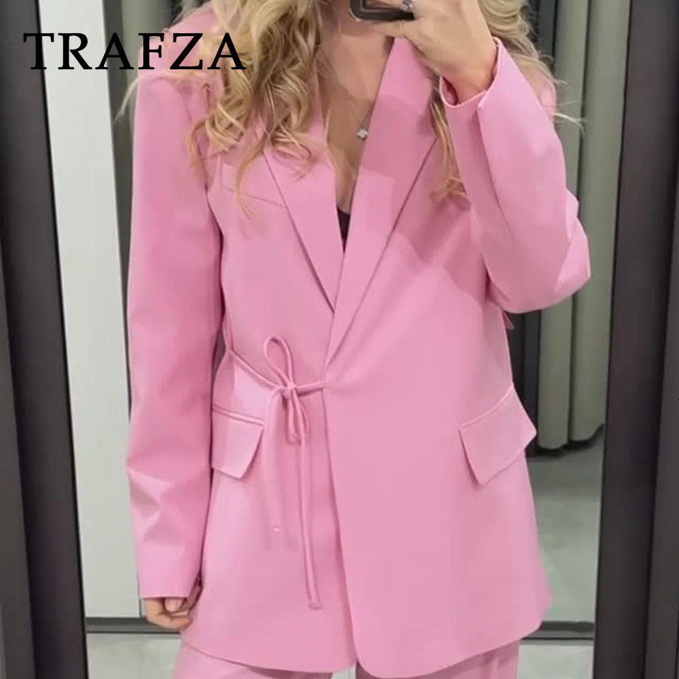 TRAFZA 2025 Spring Summer Office Lady Elegant Blazers Fashion Casual Solid Pink Lace Up Shrug Straight Chic Women Blazers 250513