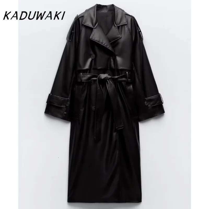 KADUWAKI Spring New European/American Style Commuting Lapel Trench With Belt Faux Leather Loose Long Windbreaker Jackets Female