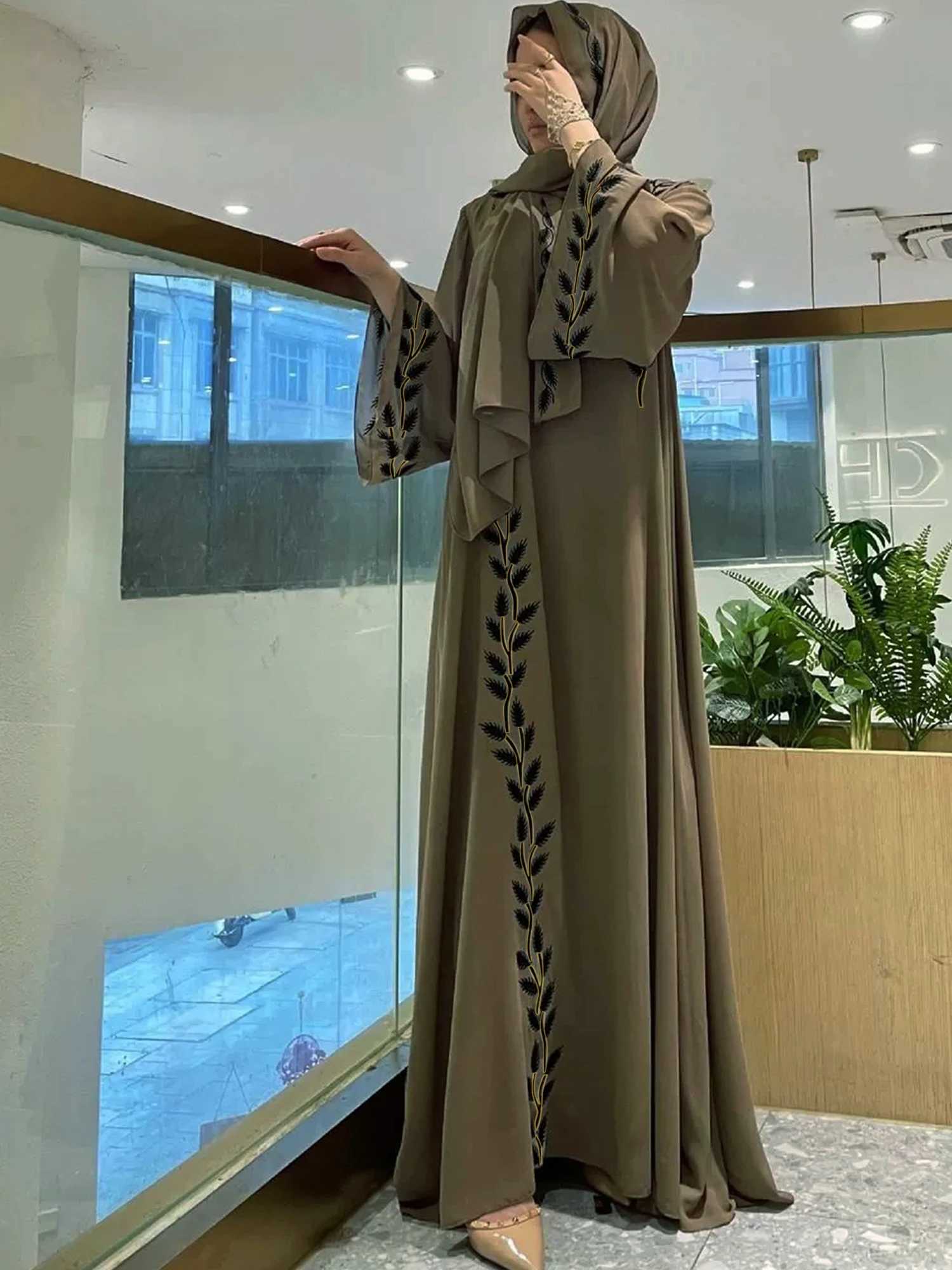 2pcs set of Middle Eastern Clothing | Women Chiffon Abaya Turkey Kaftan Muslim Long Dress Abayas Robe + Headscarf X250514