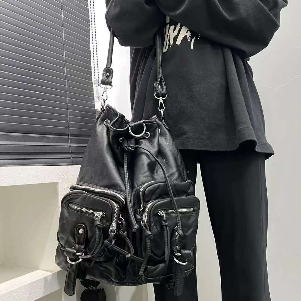 Ladies' Fashion Y2K Street Spicy Girl Backpack Large Capacity Aging Multi functional Pure Leather Retro Shoulder Bag
