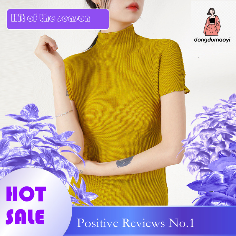 dongdumaoyi Japanese high-end pleated top women's summer Miyake new style temperament semi high neck slim fit elastic slimming short sleeved T-sh