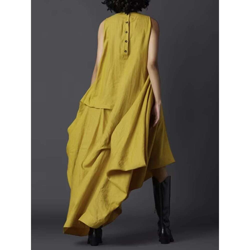 Women's Tank Pleated Pockets Vintage Asymmetric Hem Long Solid Minimalist Casual Round Neck Summer Female Dress