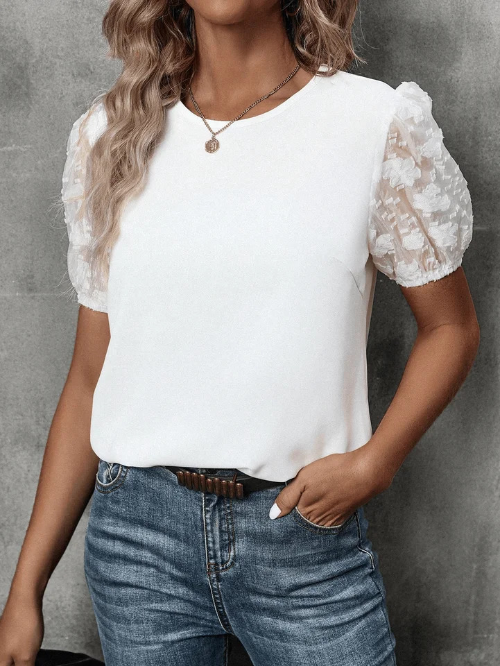 Womens casual crewneck lace shortsleeved pullover shirt 250514