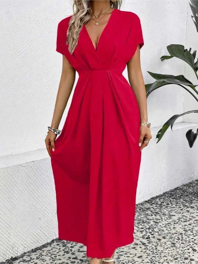 Elegant Women Green Short Sleeve Midi Dress New Spring Summer Sexy Deep V Neck Draped High Waist Office Party Boho Long DressesXJ250514