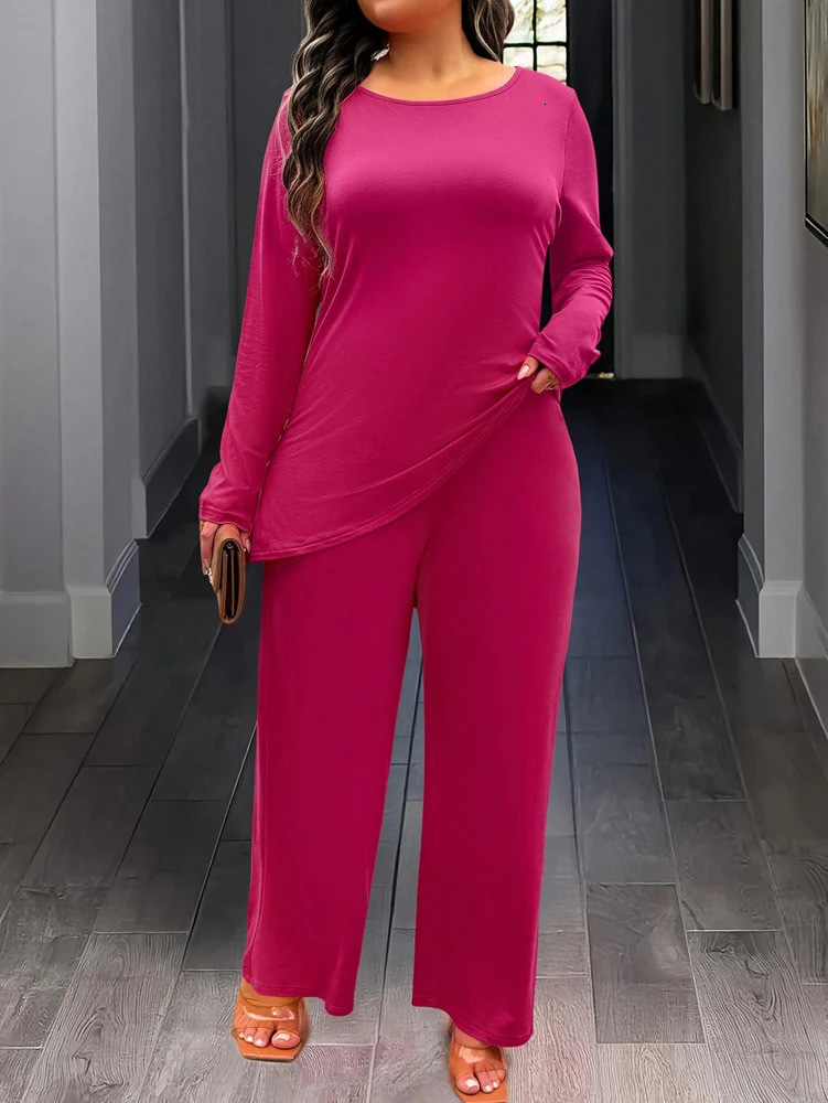 Large solid color knitted round neck long sleeved fashionable casual slim fit twopiece set for home outdoor loose and comfortable use 250427