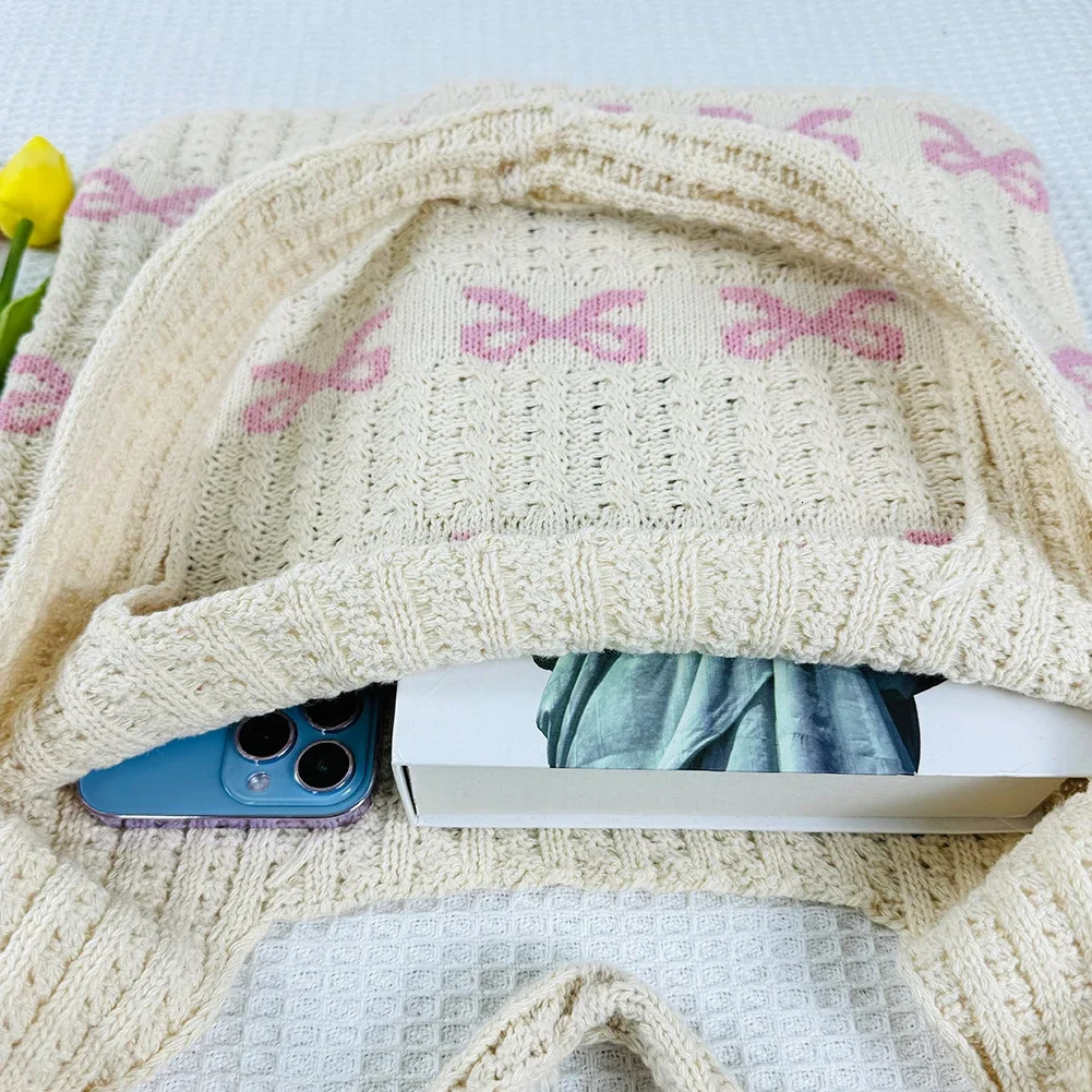 Womens Bow Shoulder Bag Raffia Aesthetics Crochet Handbag Purses Knitted Shopping Summer Beach Ladies Woven Tote Bags 250514