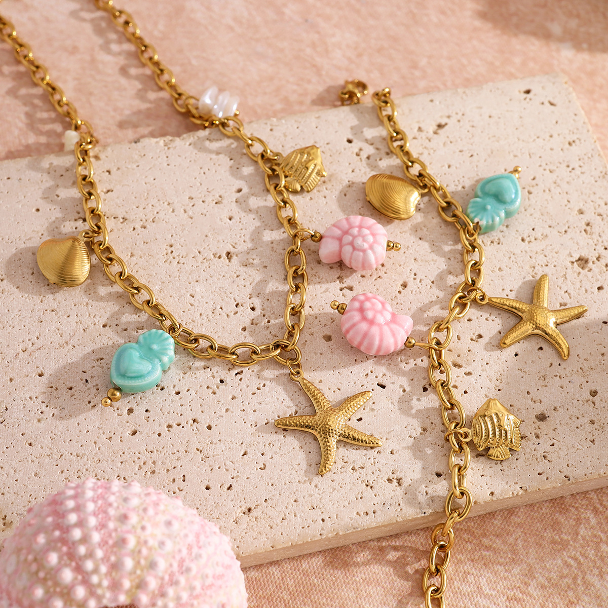 Ocean Inspired Fish & Starfish Titanium Steel Bracelet with Colorful Ceramic Charms, Elegant Necklace for Women