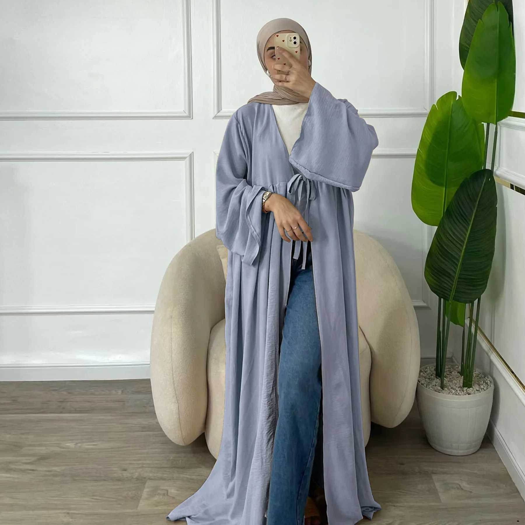 Eid Muslim Open Abaya for Women Dubai Modest Dresses Jalabiya Cardigan Robe Lace Up Islam Vestidos Ramadan Morocco Arab Kaftan X2505141