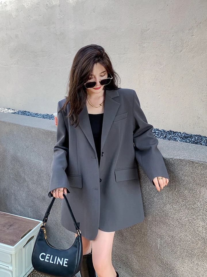 Zoki Back Slit Blazer Coats Women Casual Fashion Loose Korean Jackets Streetwear Chic Long Sleeve All Match Suit Tops 250513