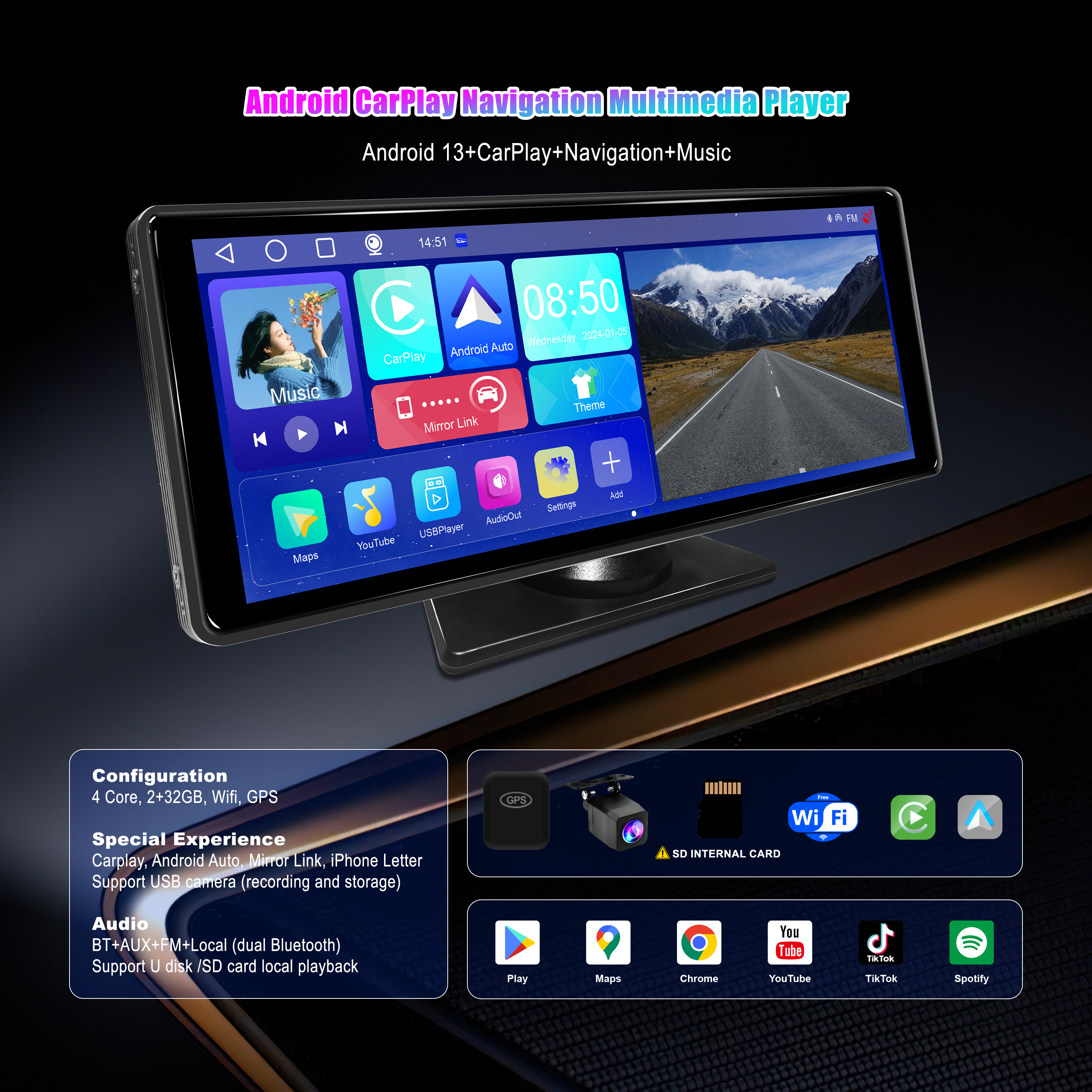 BY-CS105 10.26" Android 10 Car Display with Rear Camera Wireless CarPlay/Android Auto 2+32GB, WiFi & FM Transmitter OEM Support car screen factor