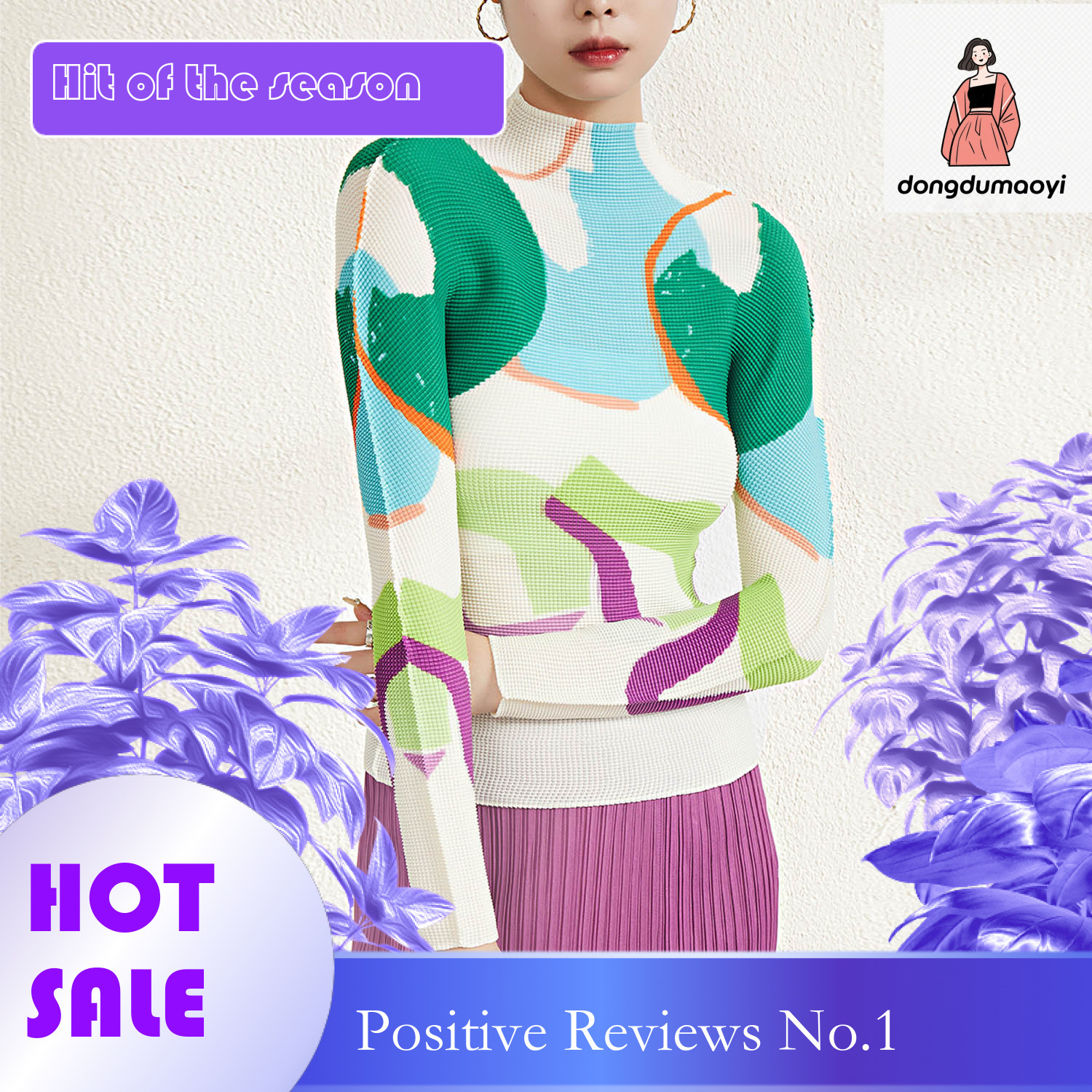 dongdumaoyi Miyake niche chic design long sleeved half neck pleated printed top spring style women's age reducing western-style base small shirt