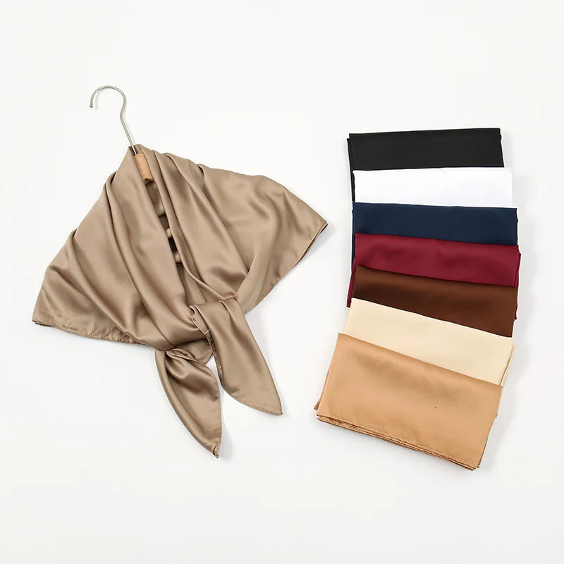 Plain Silk 90 Square Scarf Satin Headband For Muslim Woman Hijabs Wraps Fashion Hair Scarf Casual Islam Turban Female Bandbana 250514