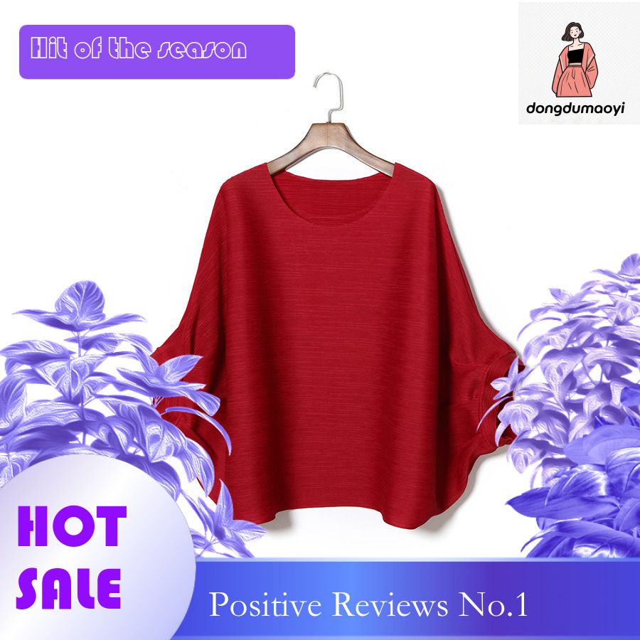 dongdumaoyi Miyake plus bat top for women, new round neck loose design, pleated nine quarter sleeve T-shirt