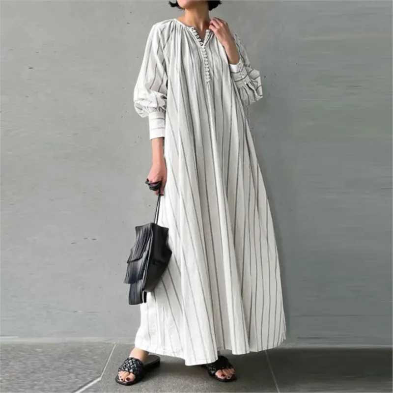 2025 Cotton Linen Printed Dress Long Sleeve Round Neck Casual Loose Maxi A-line Dresses For Women Commuting Dresses For WomenXJ250514
