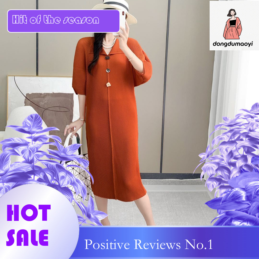 dongdumaoyi Miyake V neck pleated dress for autumn new style with loose three quarter sleeves and oversized temperament mid length skirt children s ou