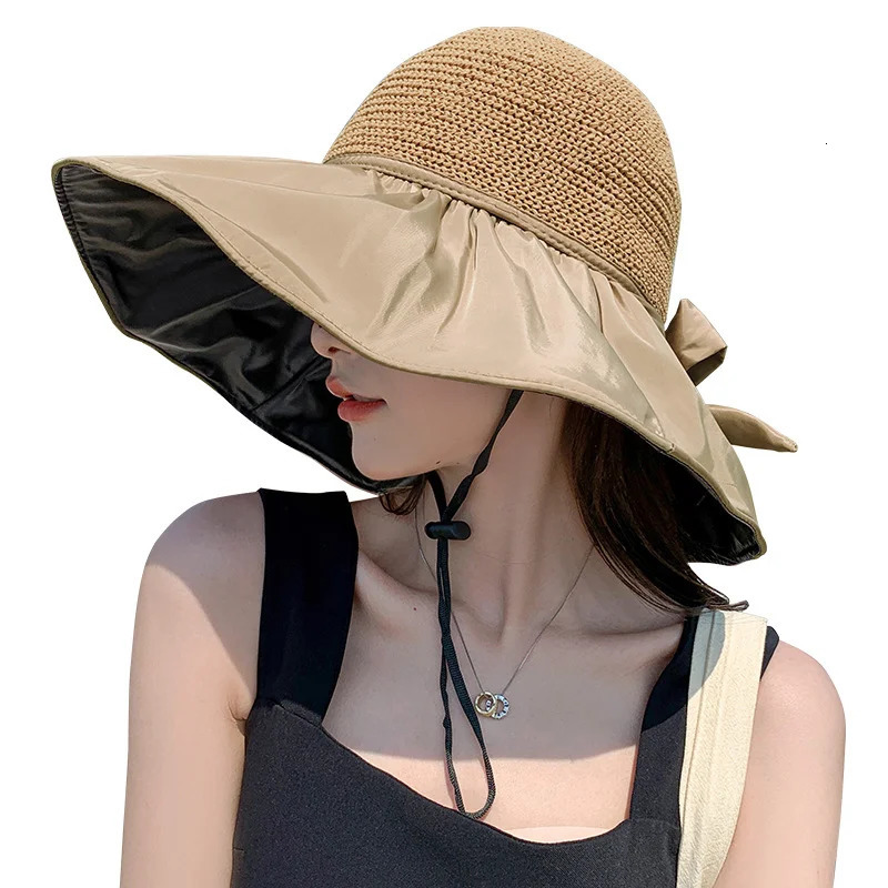 Summer Sun hat womens straw woven anti ultraviolet sun visor hat with big brim seaside black glue breathable Bucket hat sun hat 250514