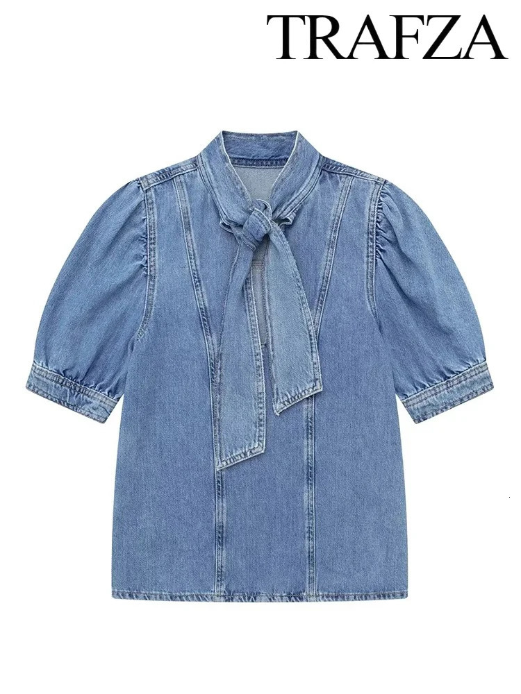 TRAF Womens Summer Street Vintage Denim Suit Bow Tie Half Sleeve Shirt Two Piece High Waisted Halter Skirt 250514