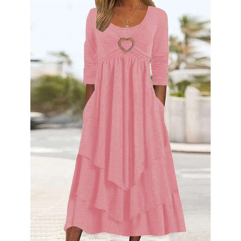Women Clothes Dress Spring And Autumn New Solid Color Waistband Love Decoration By Layer Cake Hem Casual Dress KQ